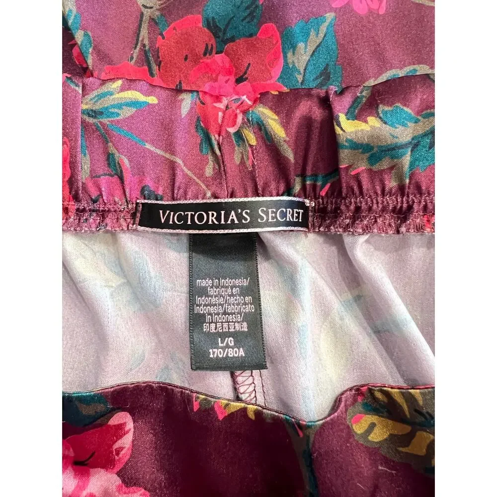 Victoria’s Secret Pajama Set Sz L/XL Slit Shorts Long Sleeve Top Burgundy Floral